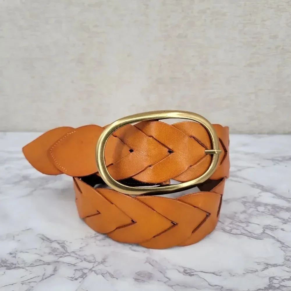 Miss Me Braided Woven Orangey Tan Leather Belt with Large Gold Toned Oval Buckle